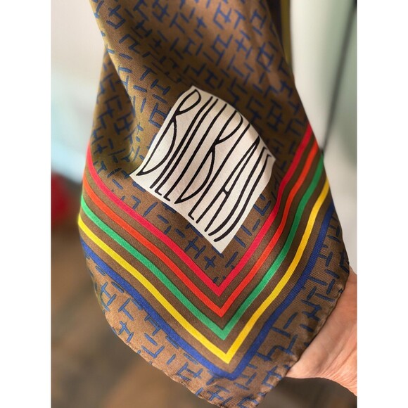 Iconic Vintage Bill Blass‎ Brown Taupe Rainbow Stripes Silk Scarf Bordered - Picture 4 of 4